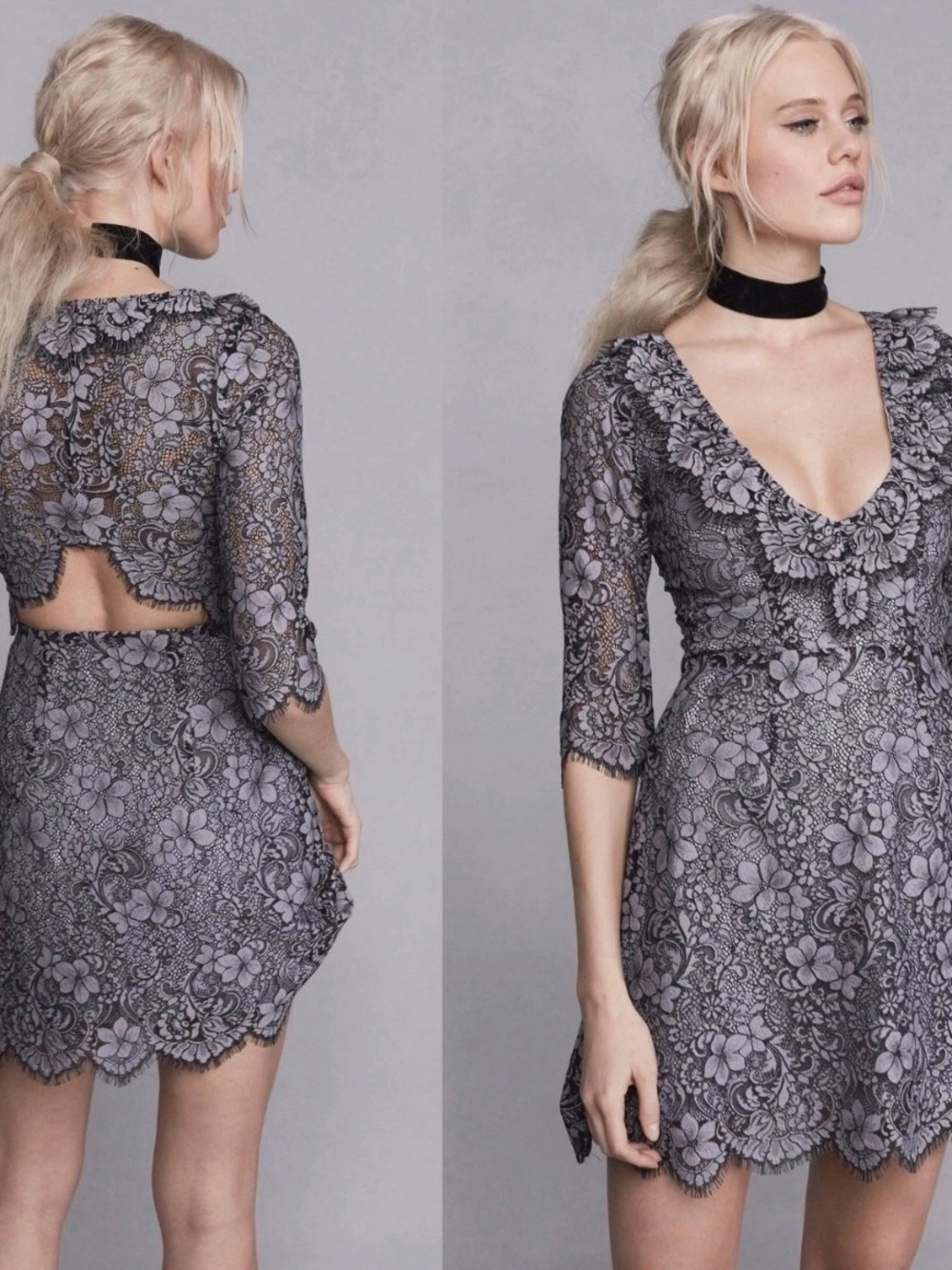 For Love & Lemons Lavender Gray Floral Lace Mini Dress M free people